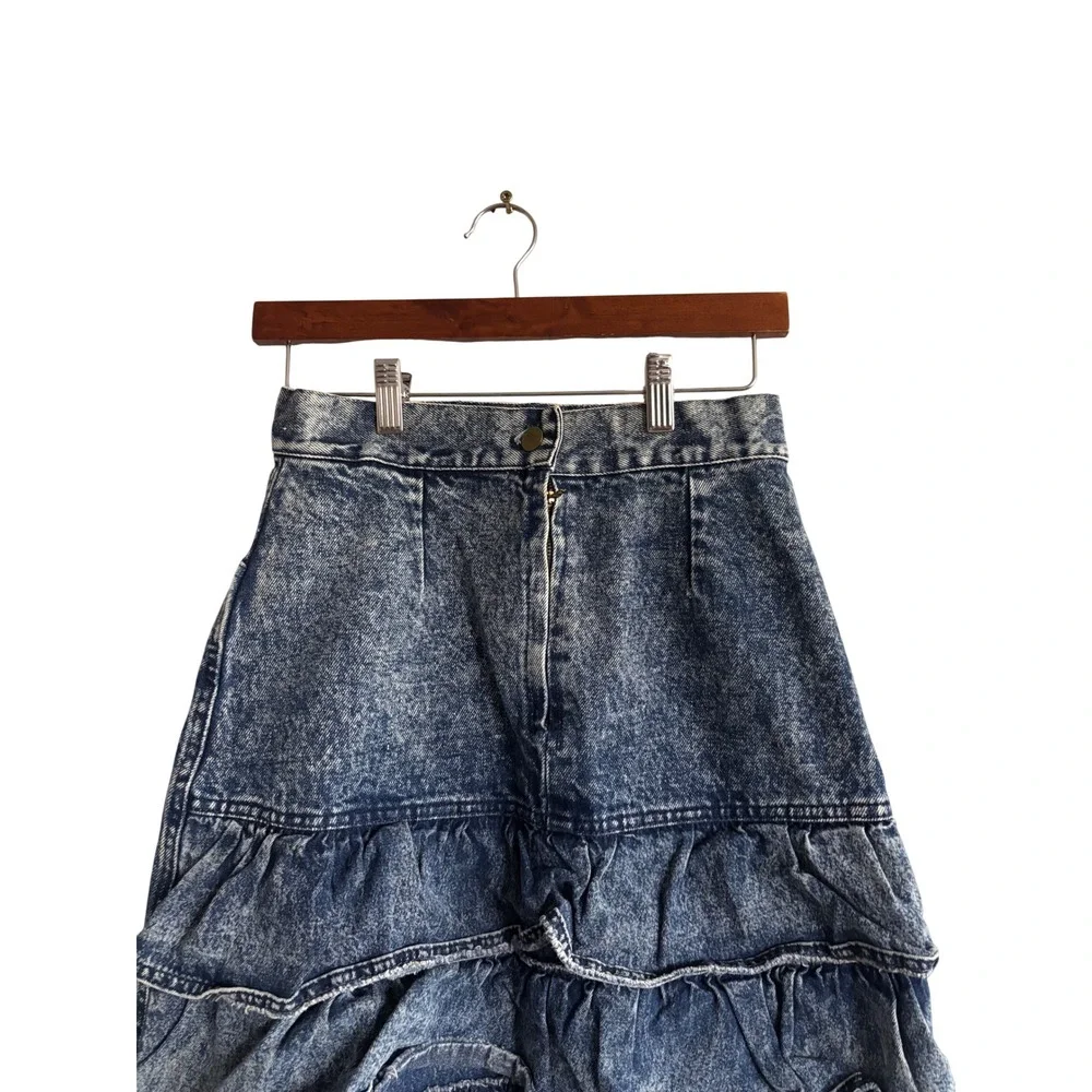 Vintage 80s‎ Acid Wash Denim Tiered Ruffle Skirt High Waisted Made in USA